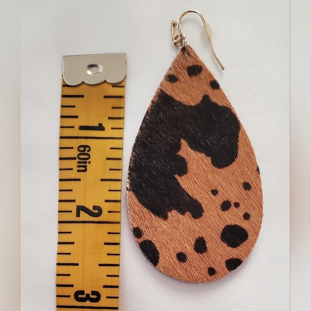 Cow Print Teardrop Earrings Brown and Black Faux Leather Western Lightweight - Picture 4 of 7